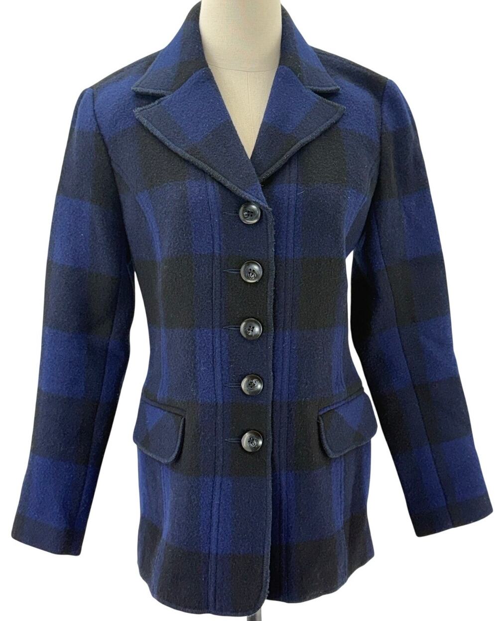 Tribal Women's 4 Blue Plaid Wool Blend Blazer Jacket Button Front Medium